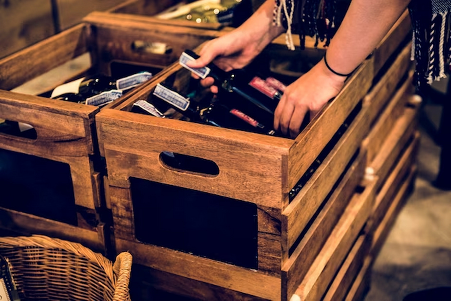 Wine bottles on wooden crates
