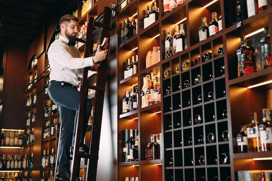 A man on a ladder, inspecting a whiskey bottle